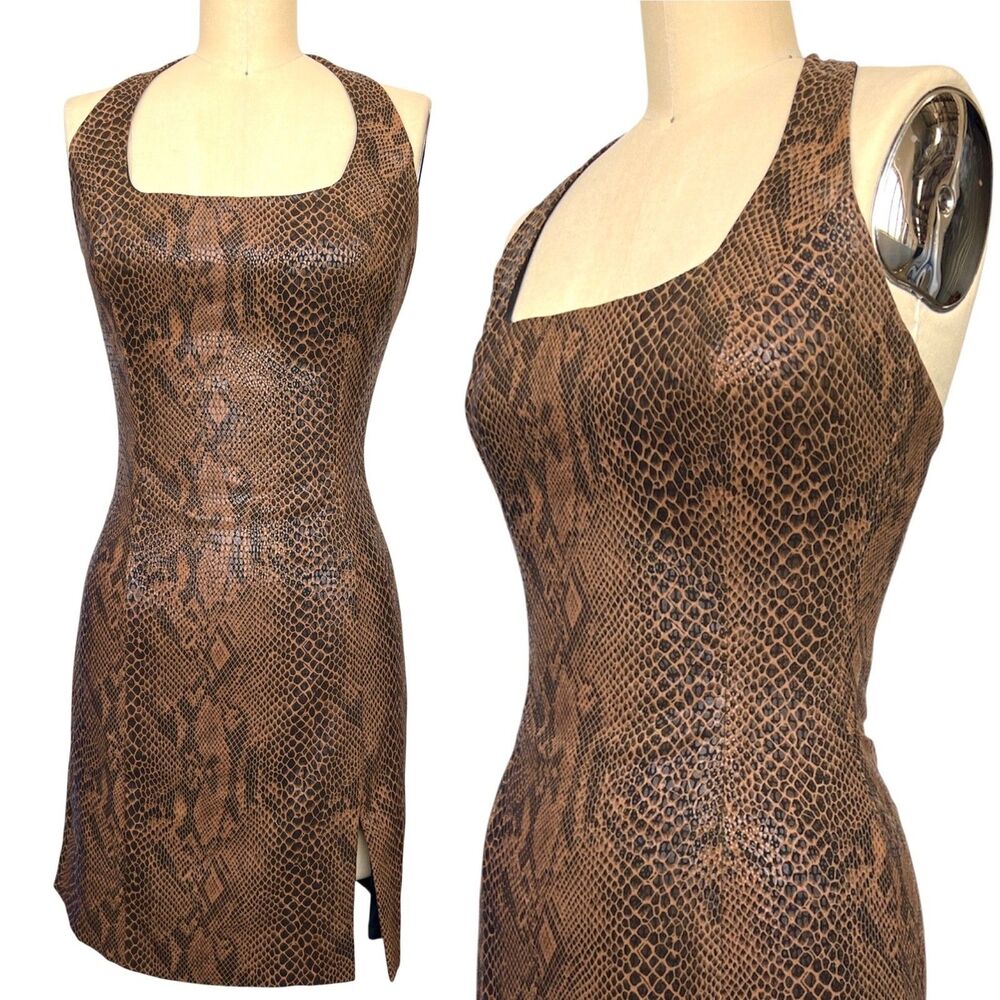 VTG Y2K Cache Halter Mini Dress XS S Snakeskin Print Bodycon Party Dress Slit